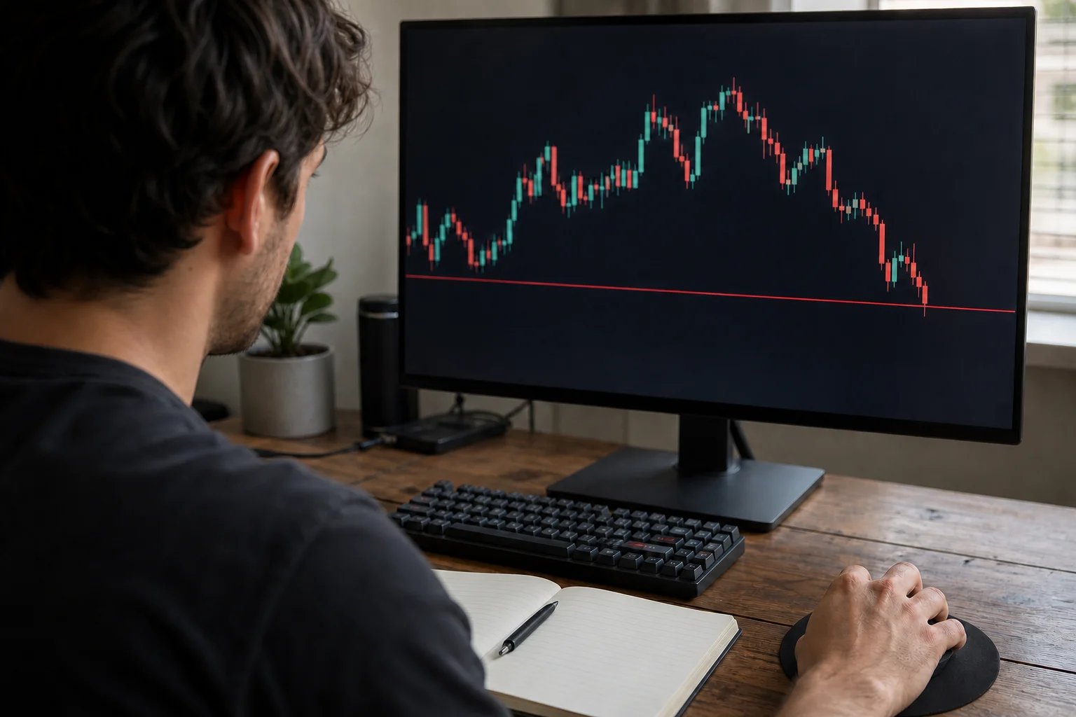 Trader monitoring a futures price chart near a drawdown risk boundary