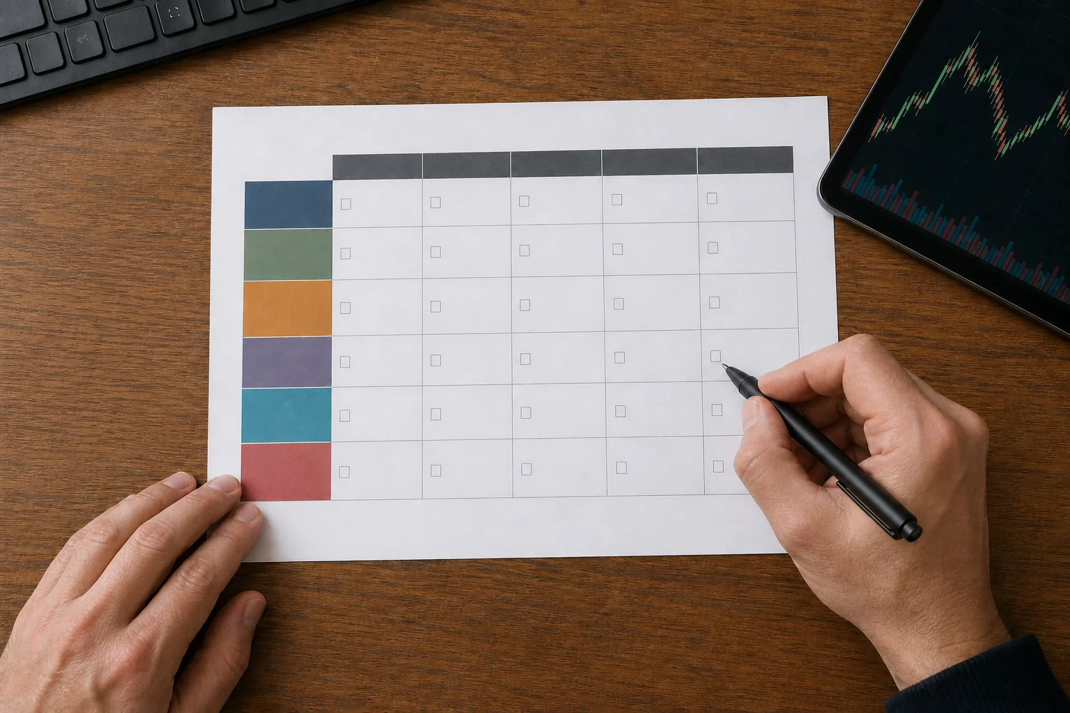 Hands completing a color-coded futures prop firm comparison scorecard