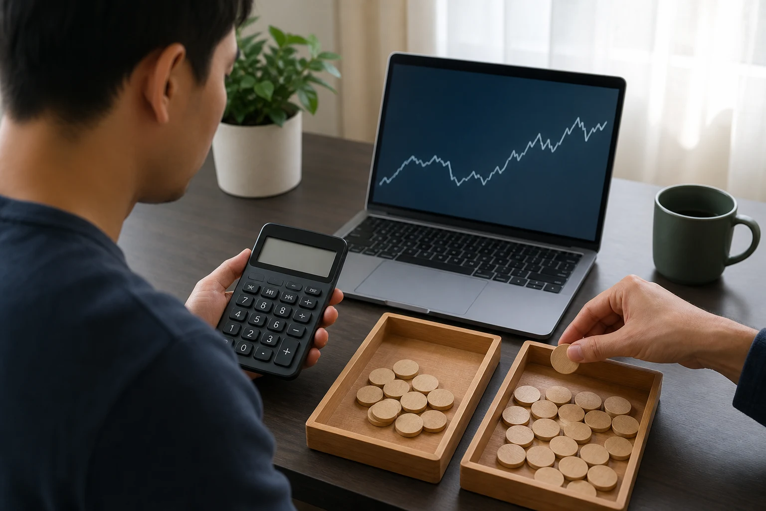 Trader comparing futures evaluation costs with a calculator and unmarked tokens