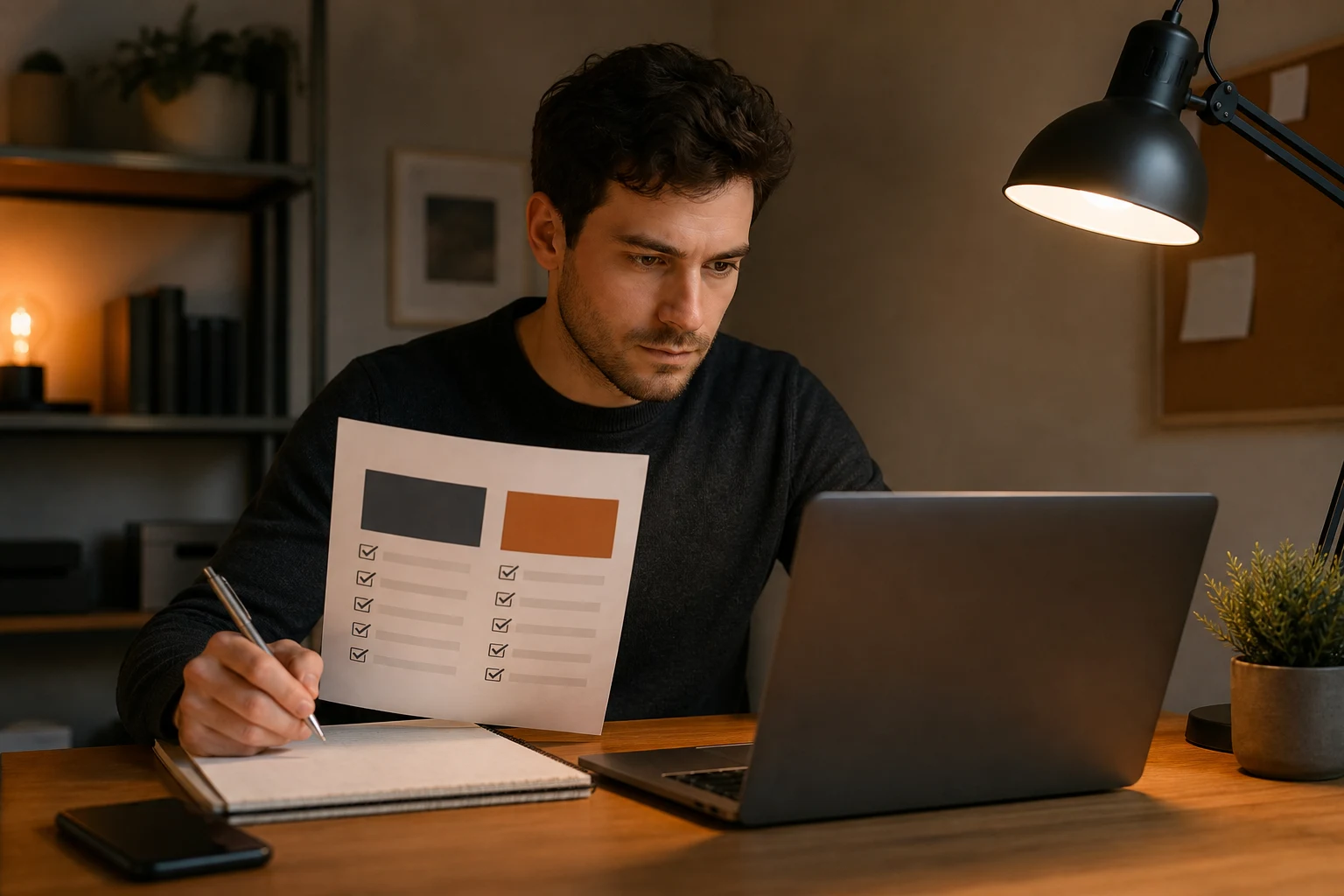 Trader cross-checking futures program terms on a laptop and printed checklist