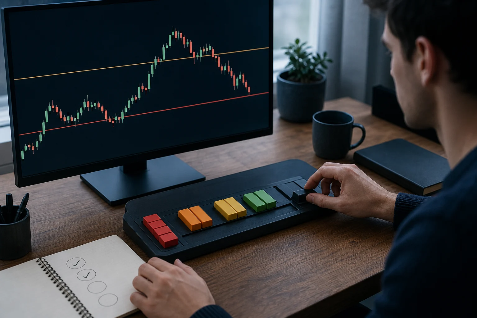 Trader practicing drawdown management with an unlabeled futures chart and risk controls