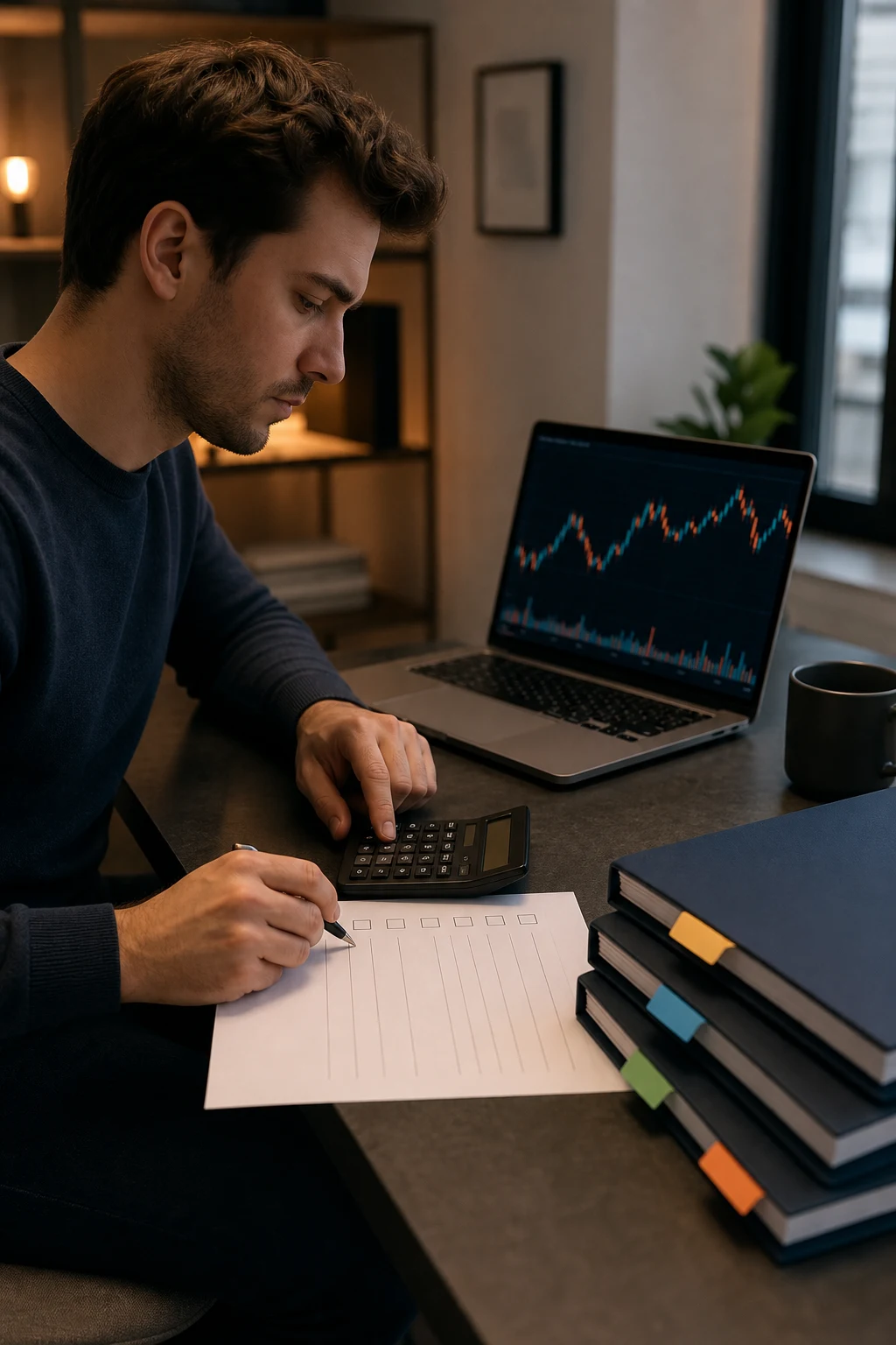 Trader reviewing futures evaluation costs with a calculator and unbranded checklist