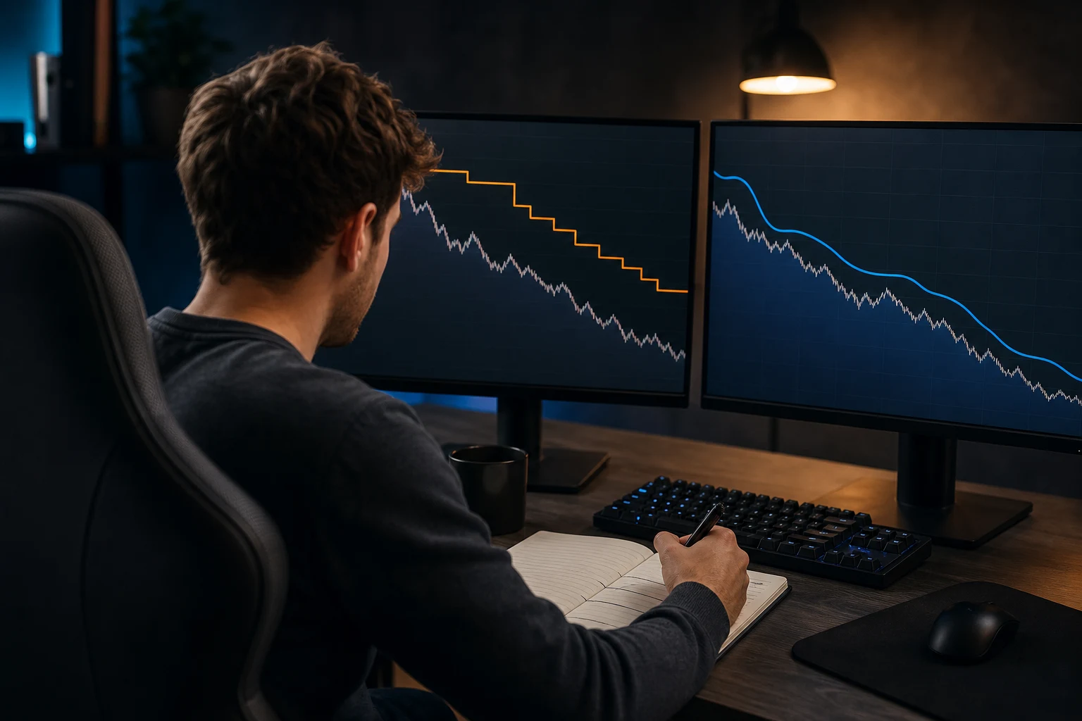 Trader comparing end-of-day and intraday drawdown behavior on two unbranded futures charts