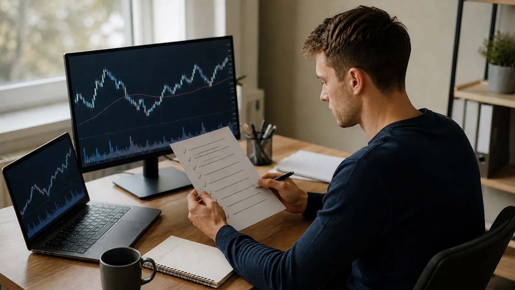 Young trader checking an HFT rule checklist beside abstract market charts before buying a prop firm evaluation