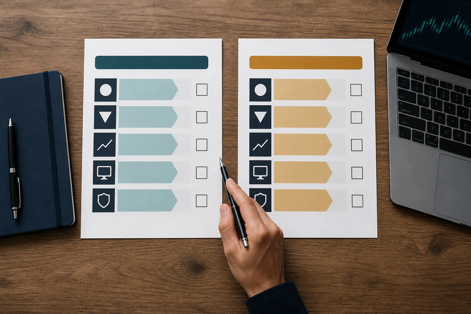 Two text-free rule sheets compared side by side for futures account costs, drawdown, payouts, platforms and restrictions