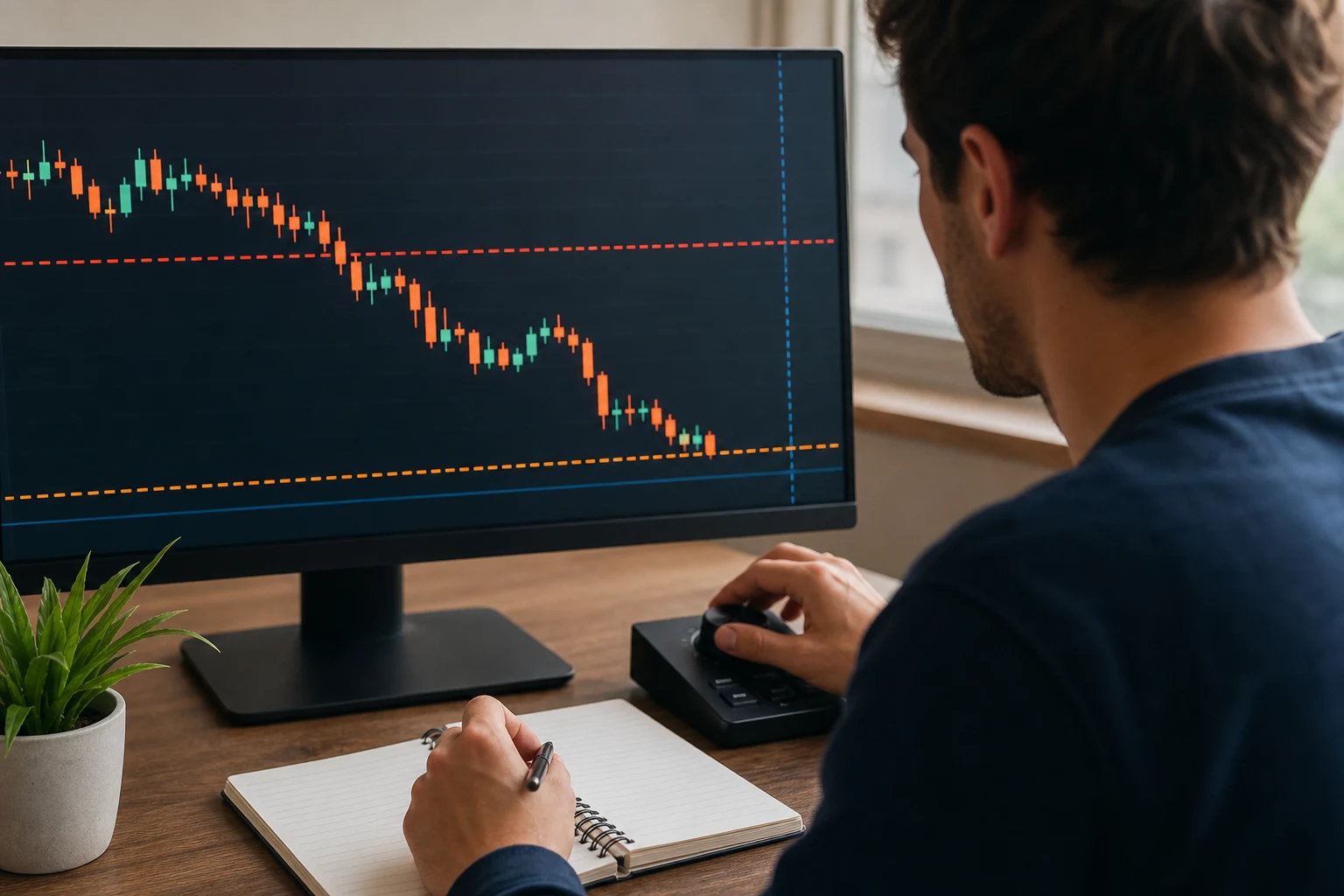 Futures trader monitoring a chart as price approaches a clearly marked drawdown risk boundary