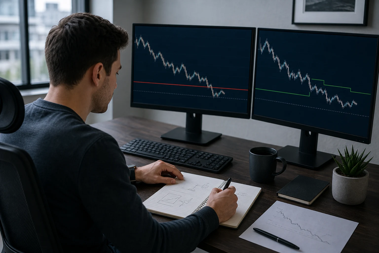 Futures trader compares fixed and trailing drawdown thresholds on two monitors