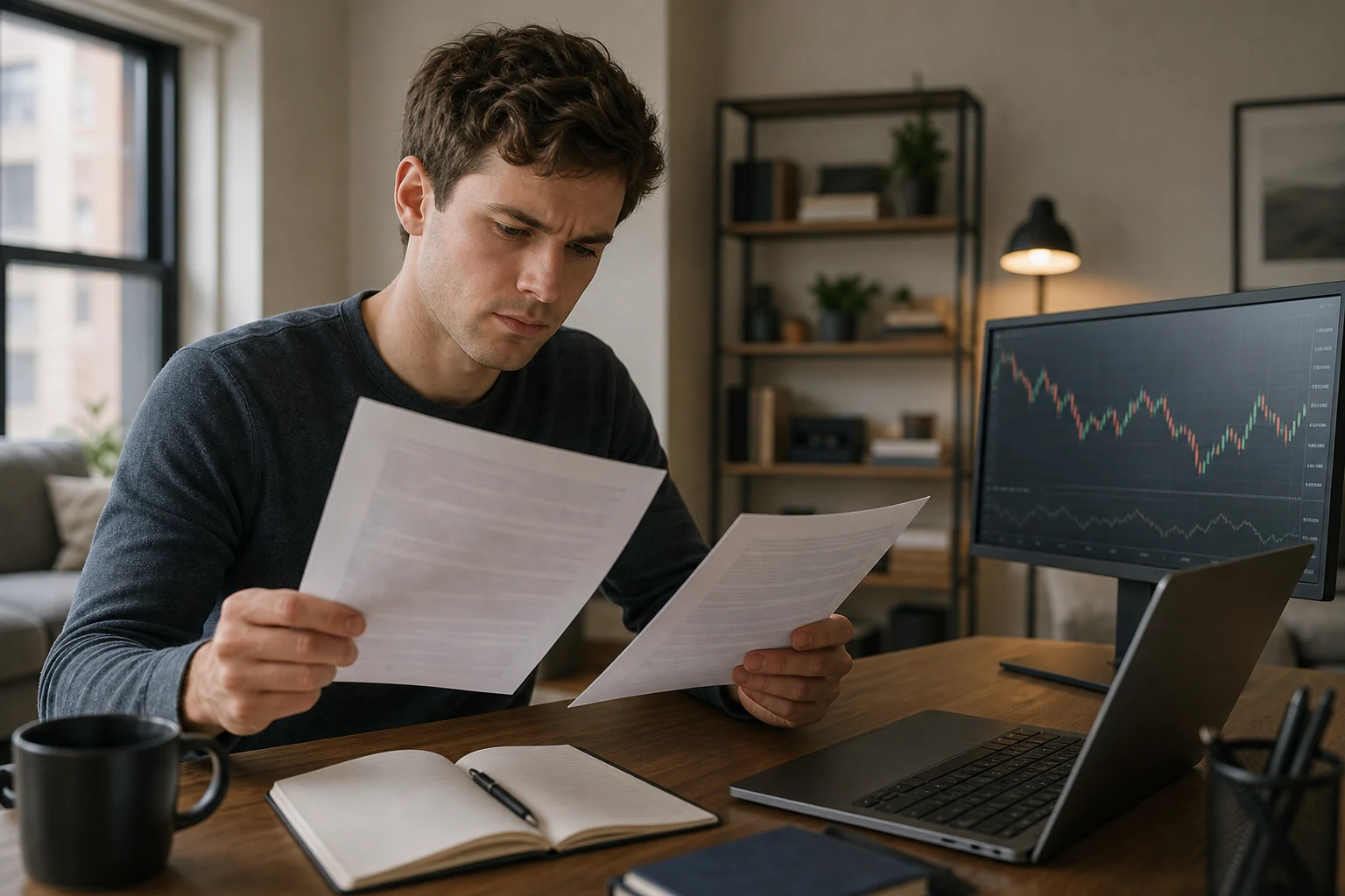 Trader reviews payout eligibility documents beside a futures chart