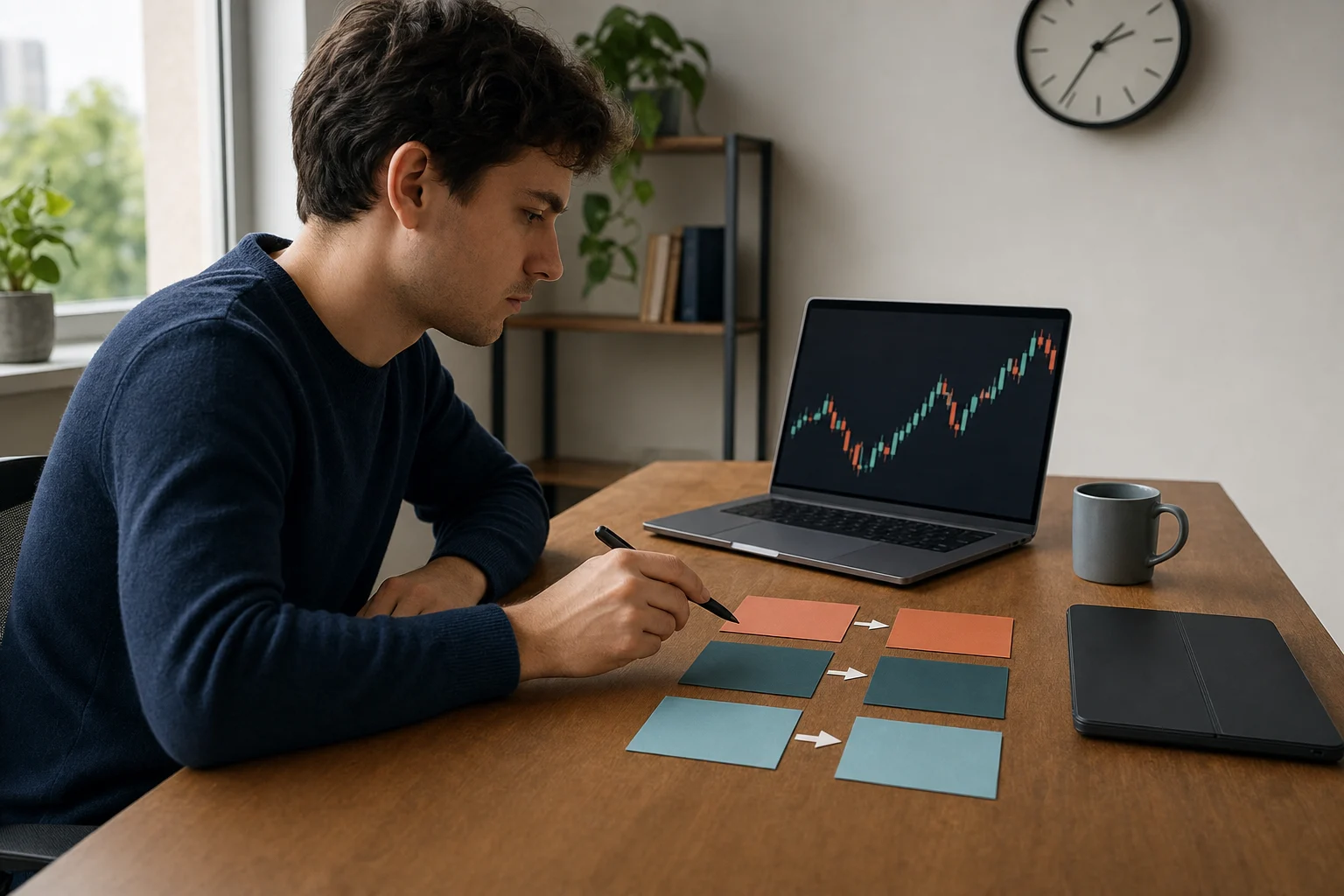 Trader comparing blank rule cards beside an unlabeled market chart before choosing a prop-firm program.