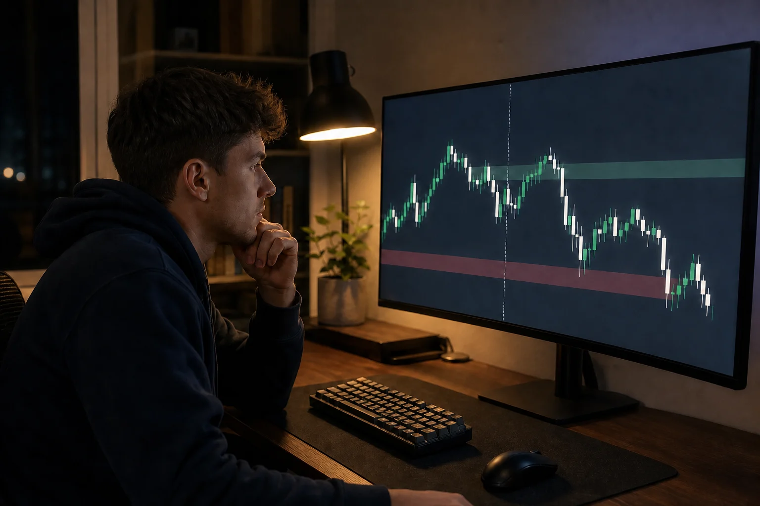 Trader reviewing an ICT-style futures chart with highlighted risk bands to manage drawdown.