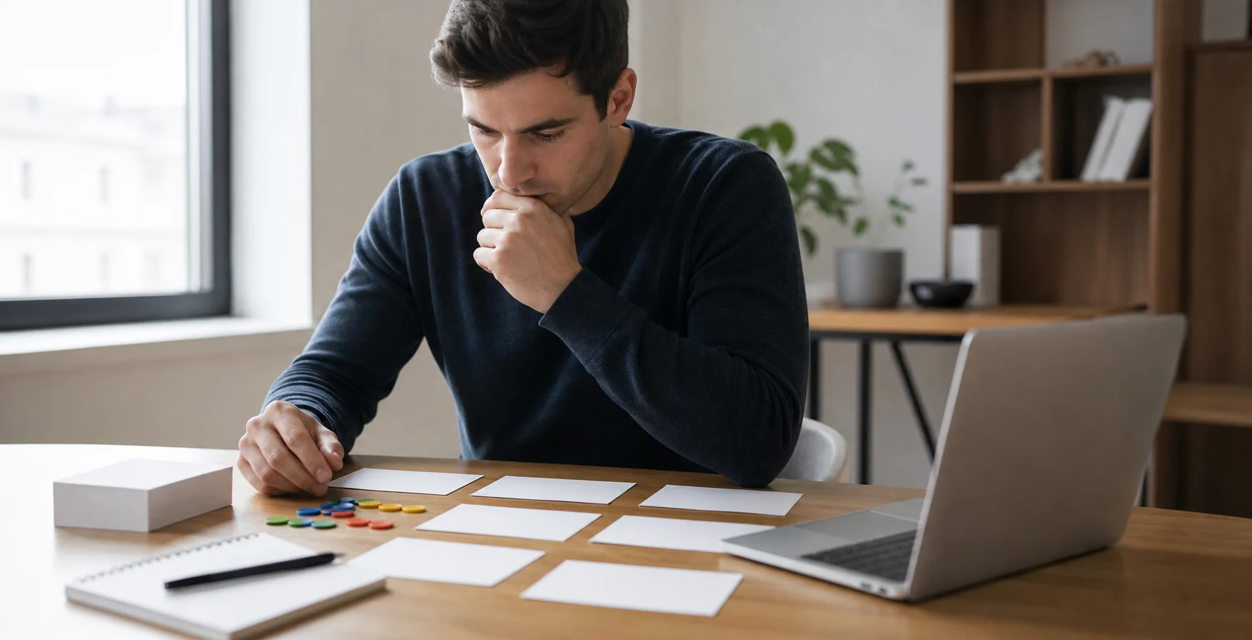 Young prop trader candidate using blank cards and probability tokens during interview preparation