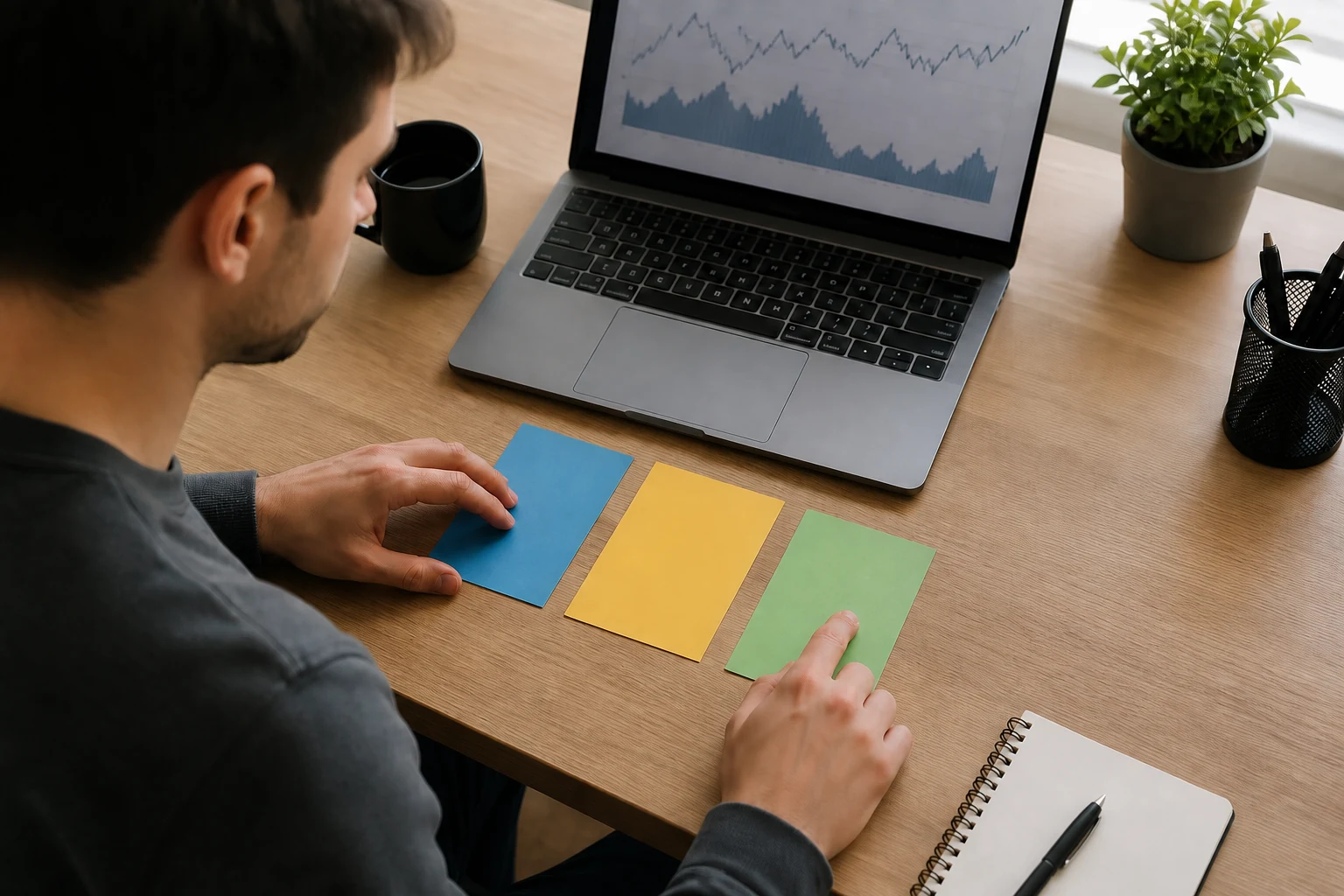 Trader organizes blank comparison cards beside an abstract market chart.