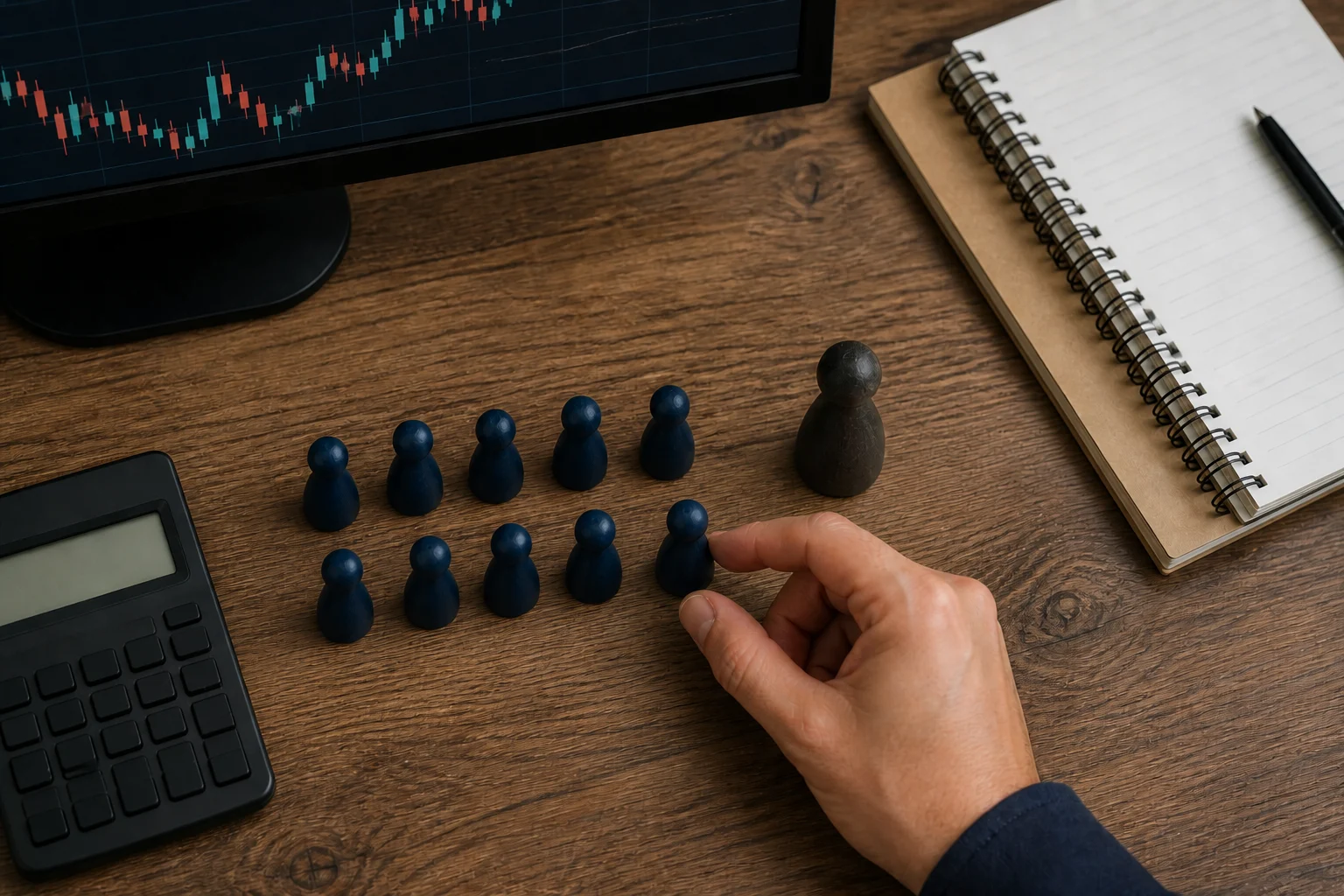 Ten small contract markers beside one larger marker on a futures trading desk