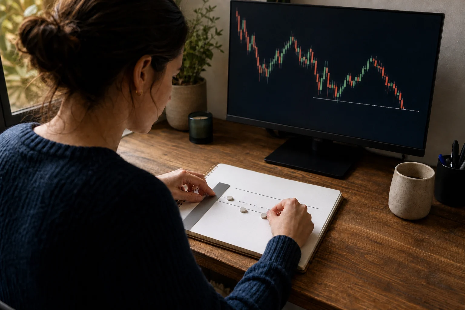 Trader using markers and a straightedge to plan futures position size and stop distance