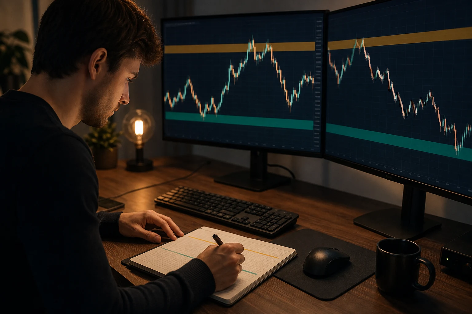 Futures trader mapping drawdown thresholds beside dual trading monitors