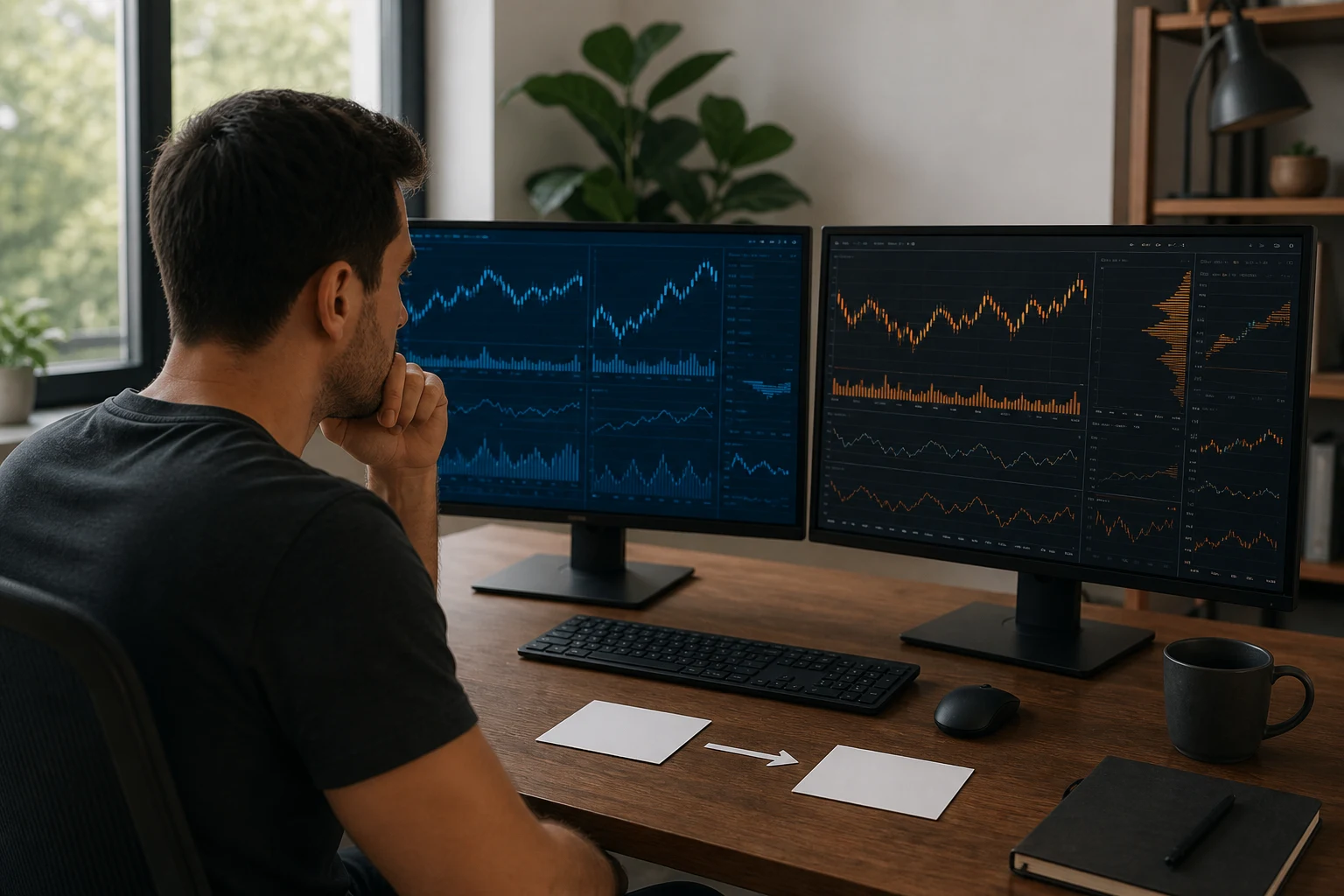 Futures trader comparing simulated-funded and live account stages at a workstation