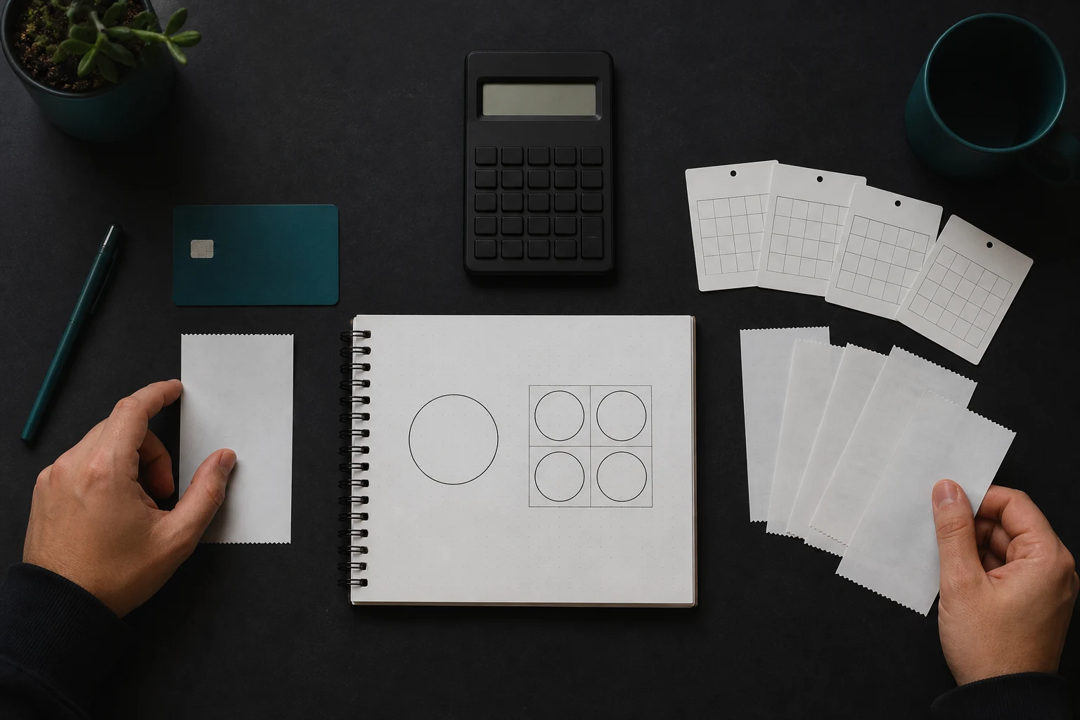 One-time payment card and recurring calendar cards arranged beside a calculator for prop firm fee comparison