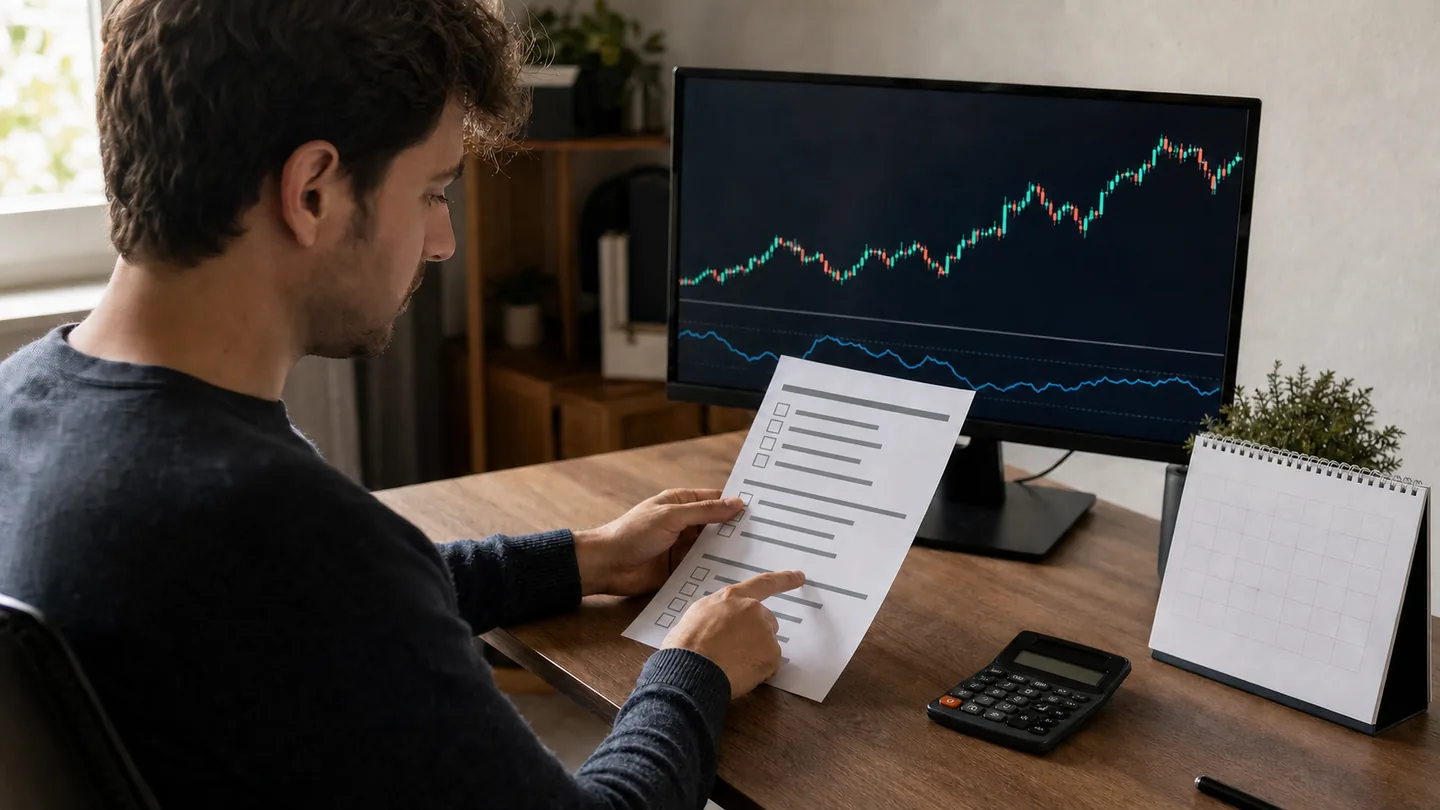Trader reviewing payout rules beside a drawdown chart and blank checklist
