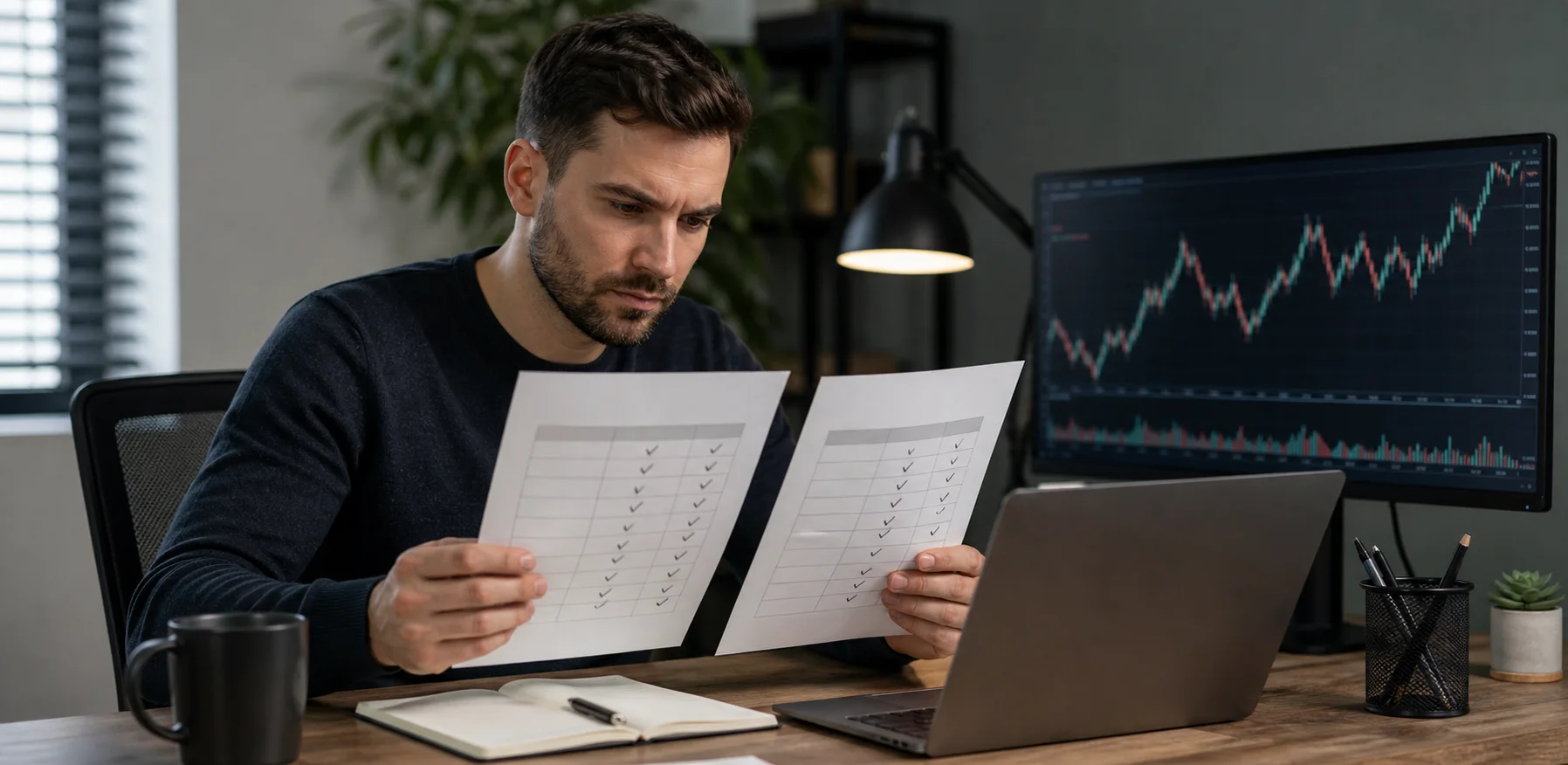 Trader comparing two prop firm evaluation rule sheets at a workstation