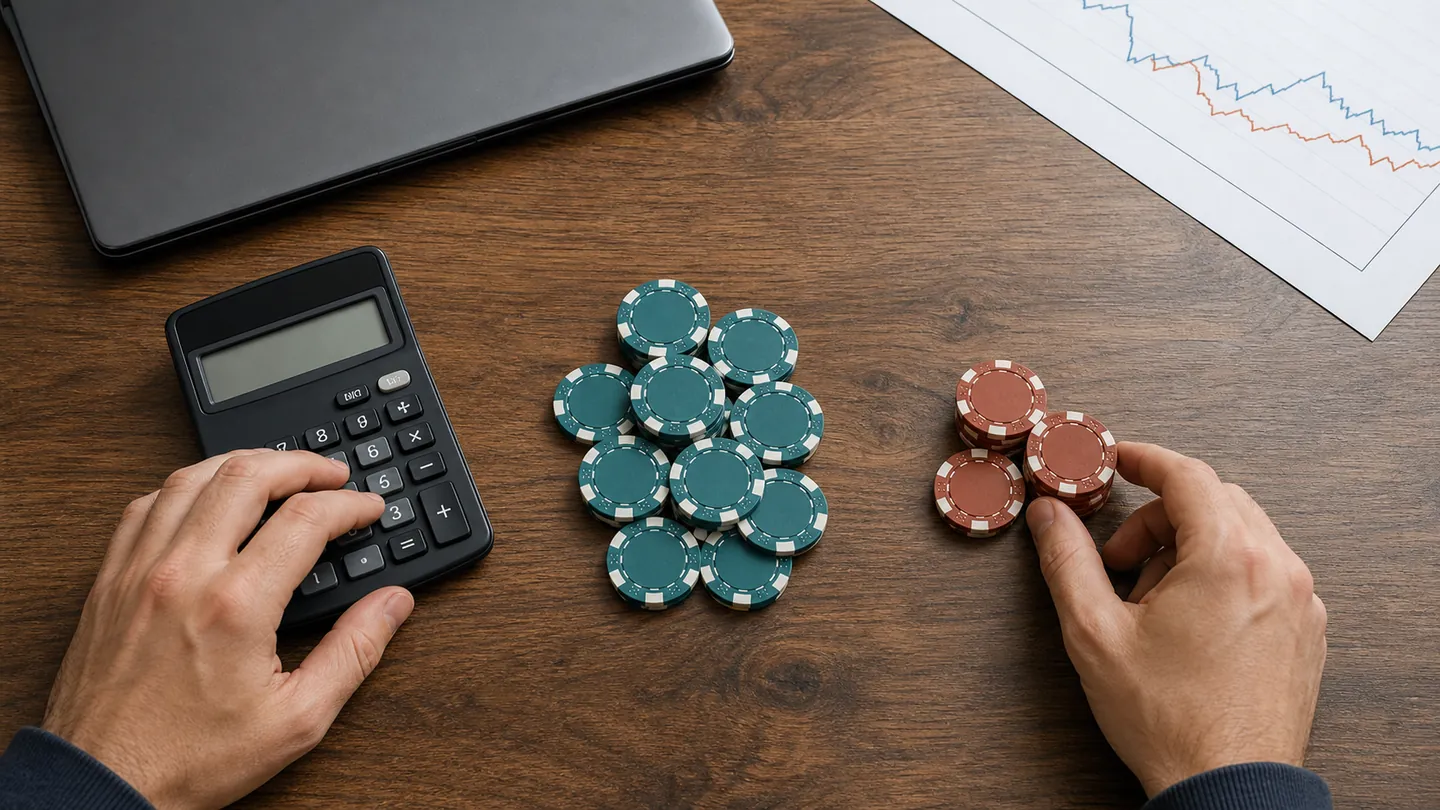 Calculator beside larger and smaller chip groups representing a profit split