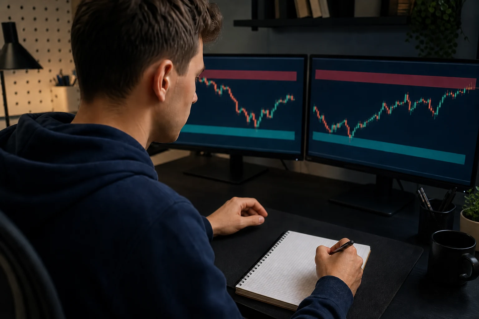 Trader reviews profit-target and drawdown bands while recording risk notes.