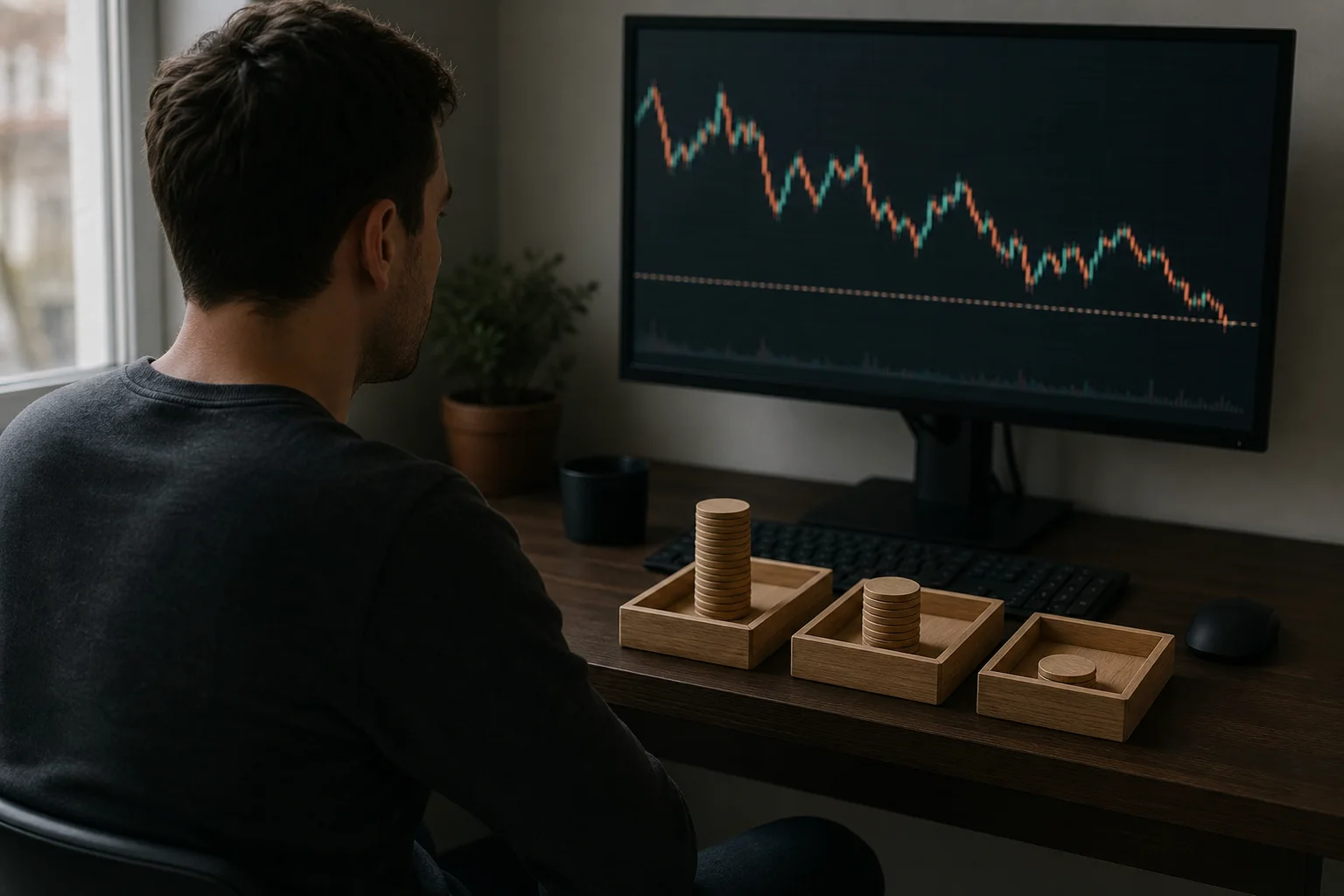 Trader using decreasing token stacks to plan drawdown risk limits