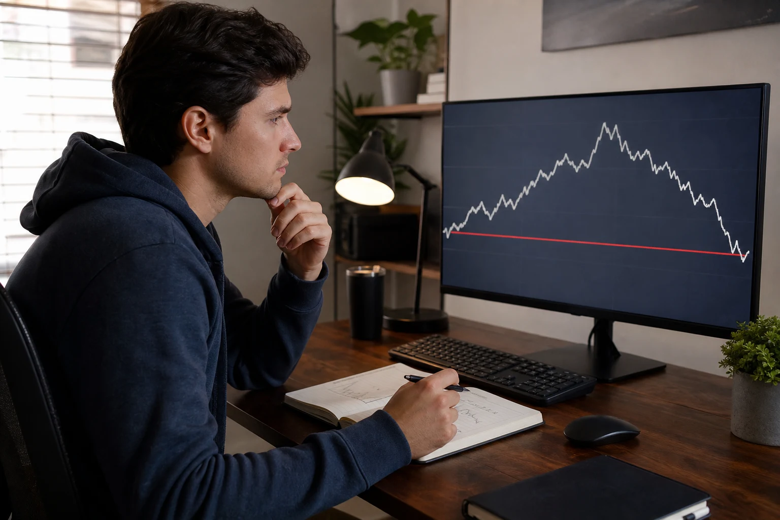 Trader comparing an equity curve with a drawdown boundary before a withdrawal