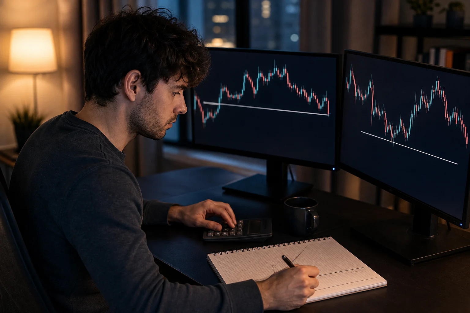 Trader reviews drawdown limits with a calculator and risk lines on trading charts