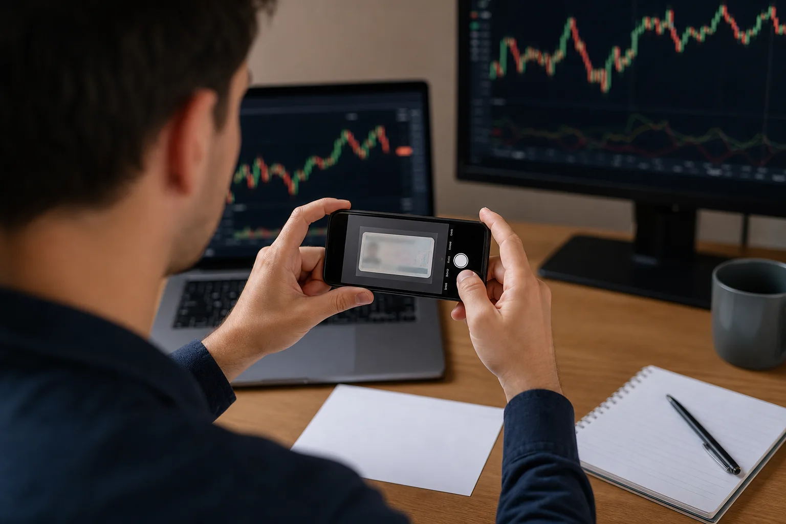 Trader photographing an identity card during a prop firm KYC check