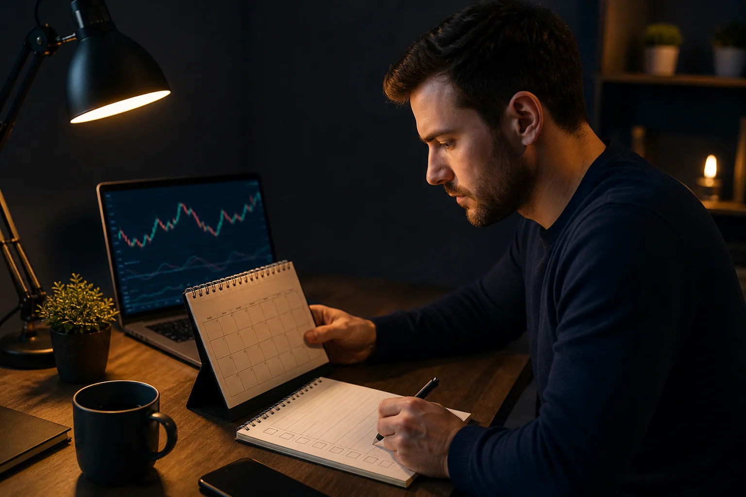 Trader reviews a calendar and checklist before requesting a prop-firm payout