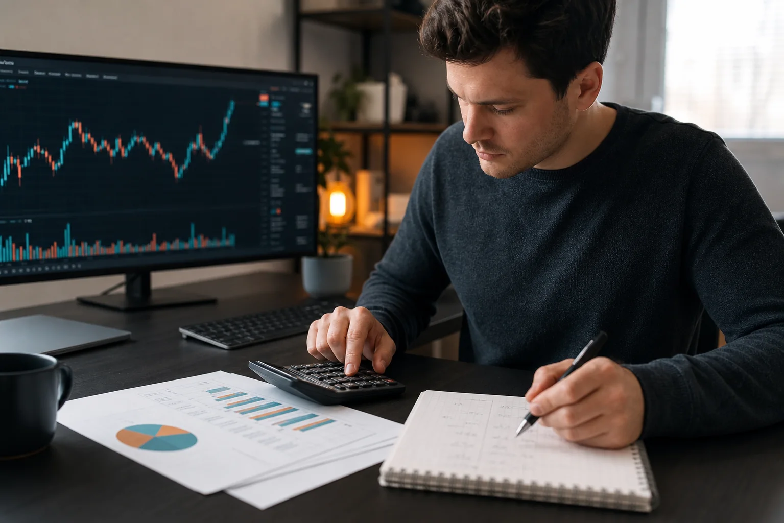 Trader calculating an eligible prop firm payout with a calculator and worksheet