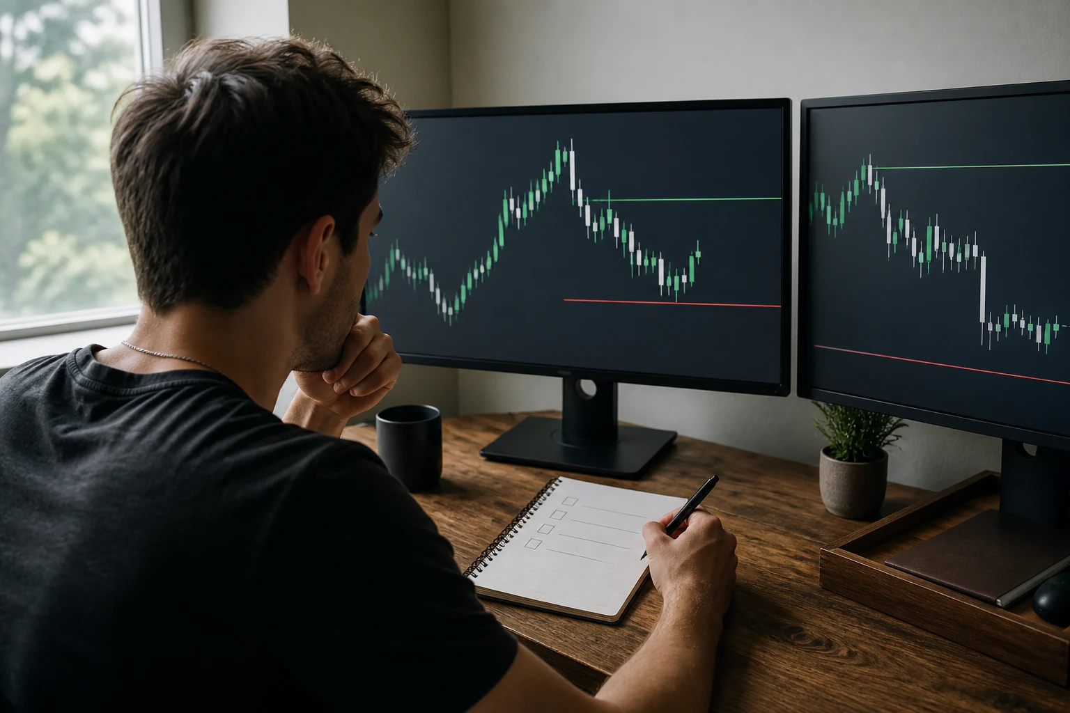 Young trader reviews a pre-trade checklist beside two chart screens