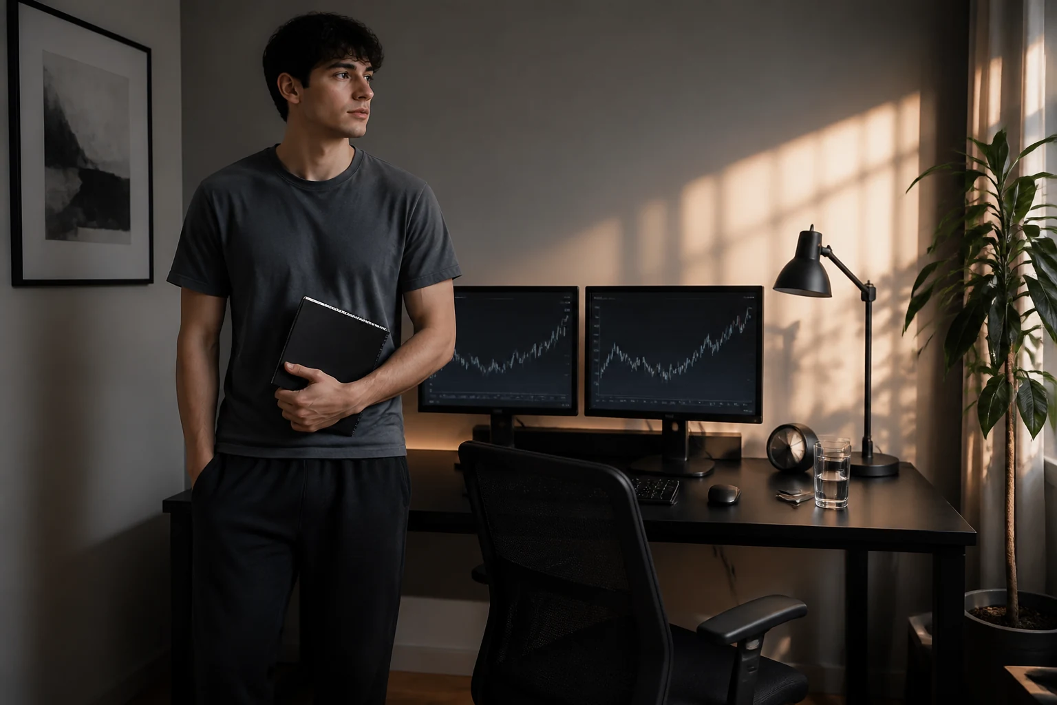 Trader steps away from a home workstation to pause after a difficult session