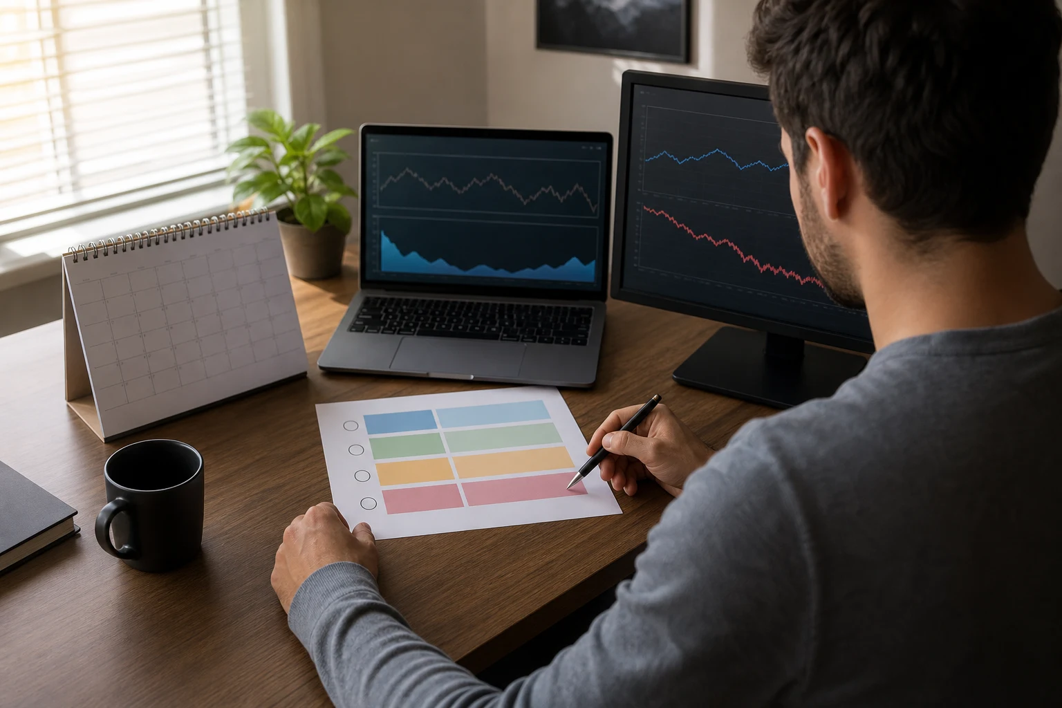 Trader comparing a calendar and color-coded prop firm evaluation rules at a home workstation