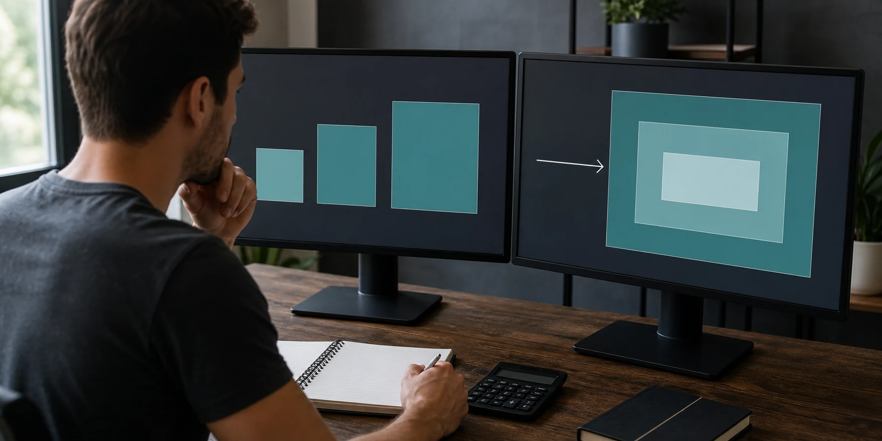 Trader comparing text-free contract tiers and account allocation diagrams on two monitors
