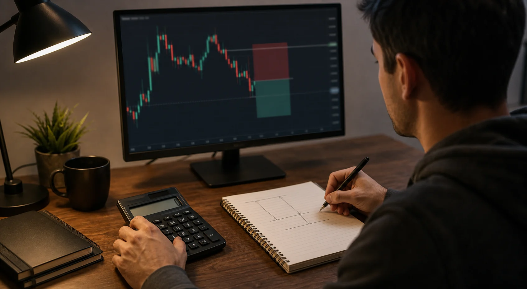 Trader calculating position size from a charted entry and stop range