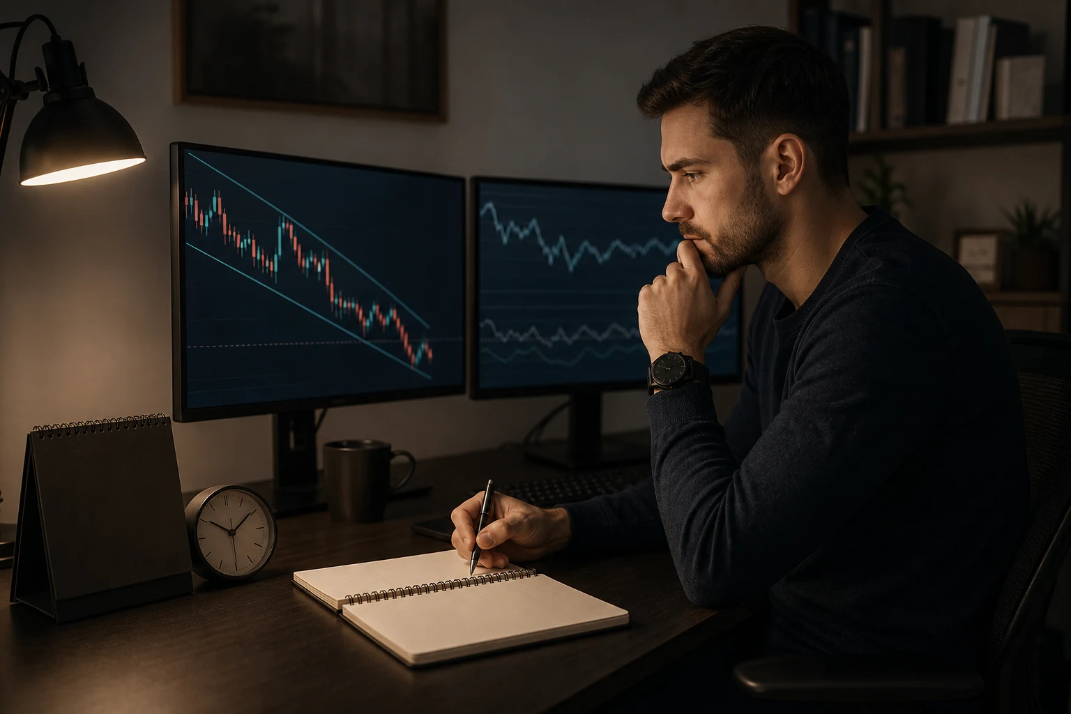 Trader reviewing drawdown risk beside an analog clock during a prop firm evaluation