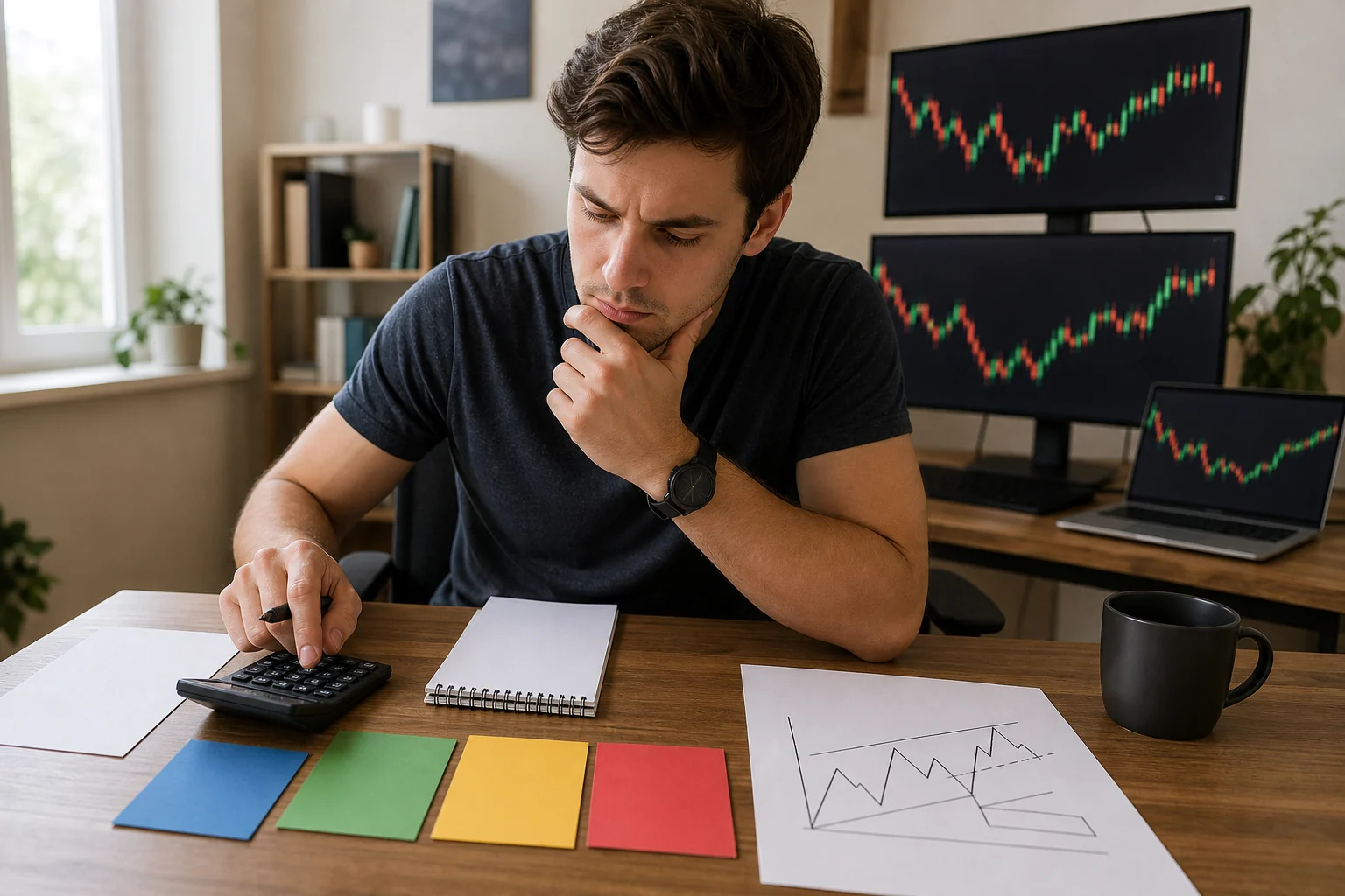Trader comparing prop firm costs and risk rules with a calculator and text-free checklist cards