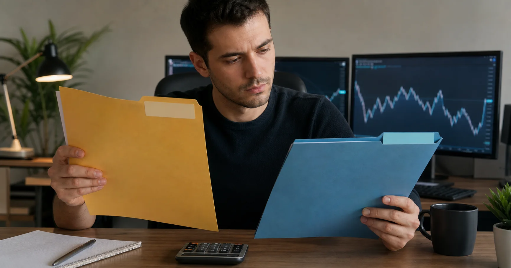 Trader comparing two folders while reviewing refundable evaluation fee conditions