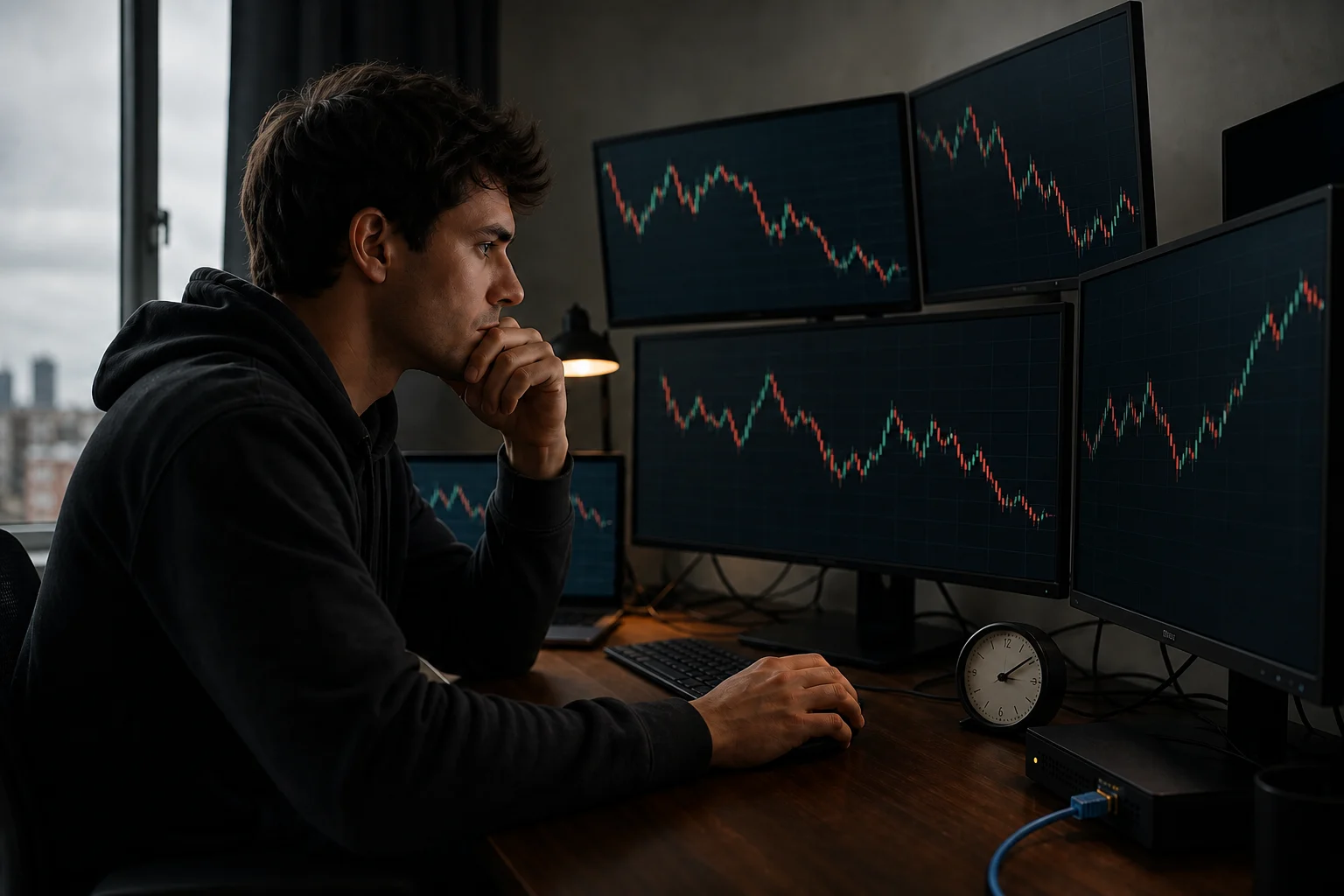 A trader monitors changing spreads and execution timing at a multi-screen workstation.