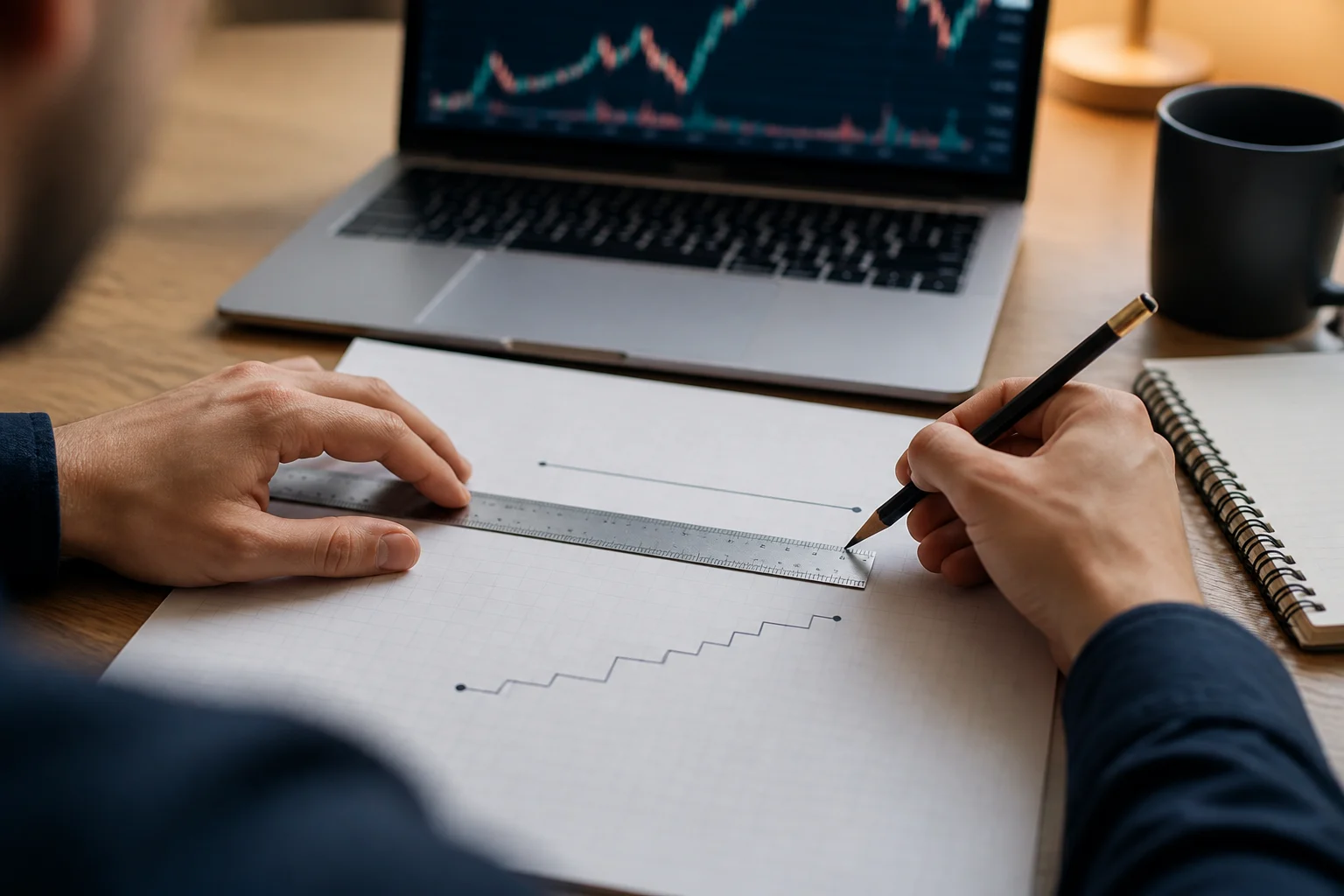 Trader sketches fixed and stepwise drawdown boundaries beside a futures chart