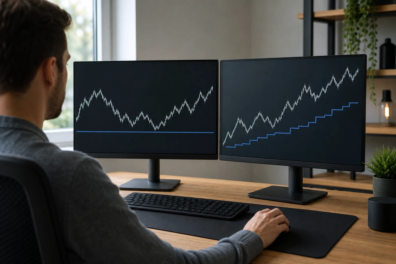 Trader comparing a static drawdown floor with a trailing threshold on two monitors