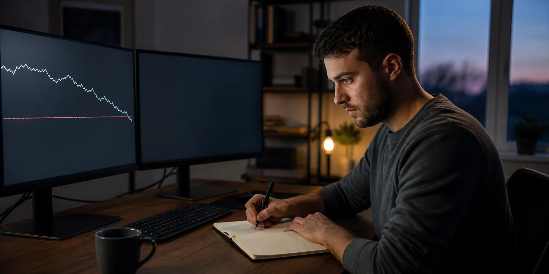 Trader tracking an equity decline against a drawdown risk boundary while writing calculations