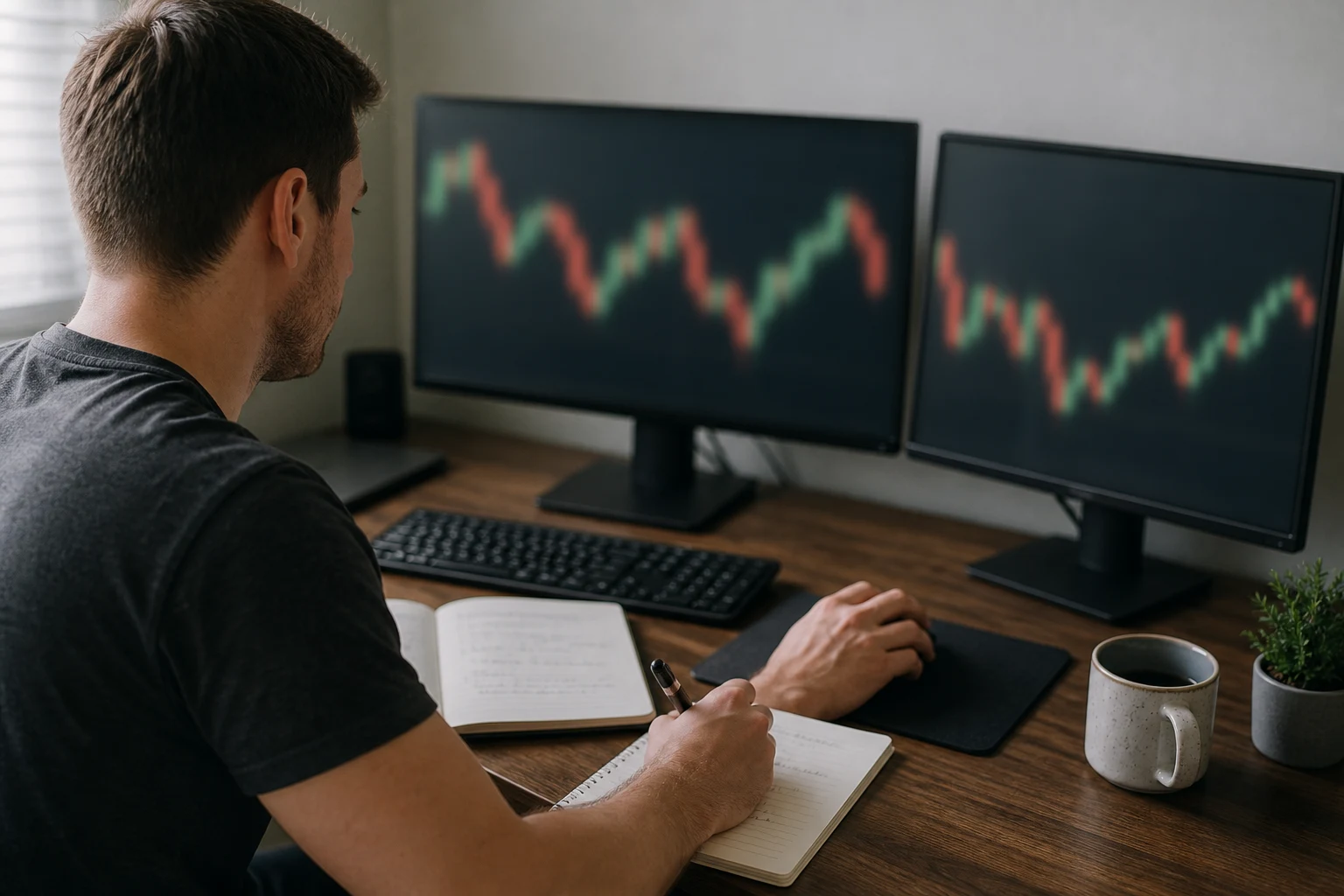Trader testing a simulated prop firm platform while writing observations in a trading journal