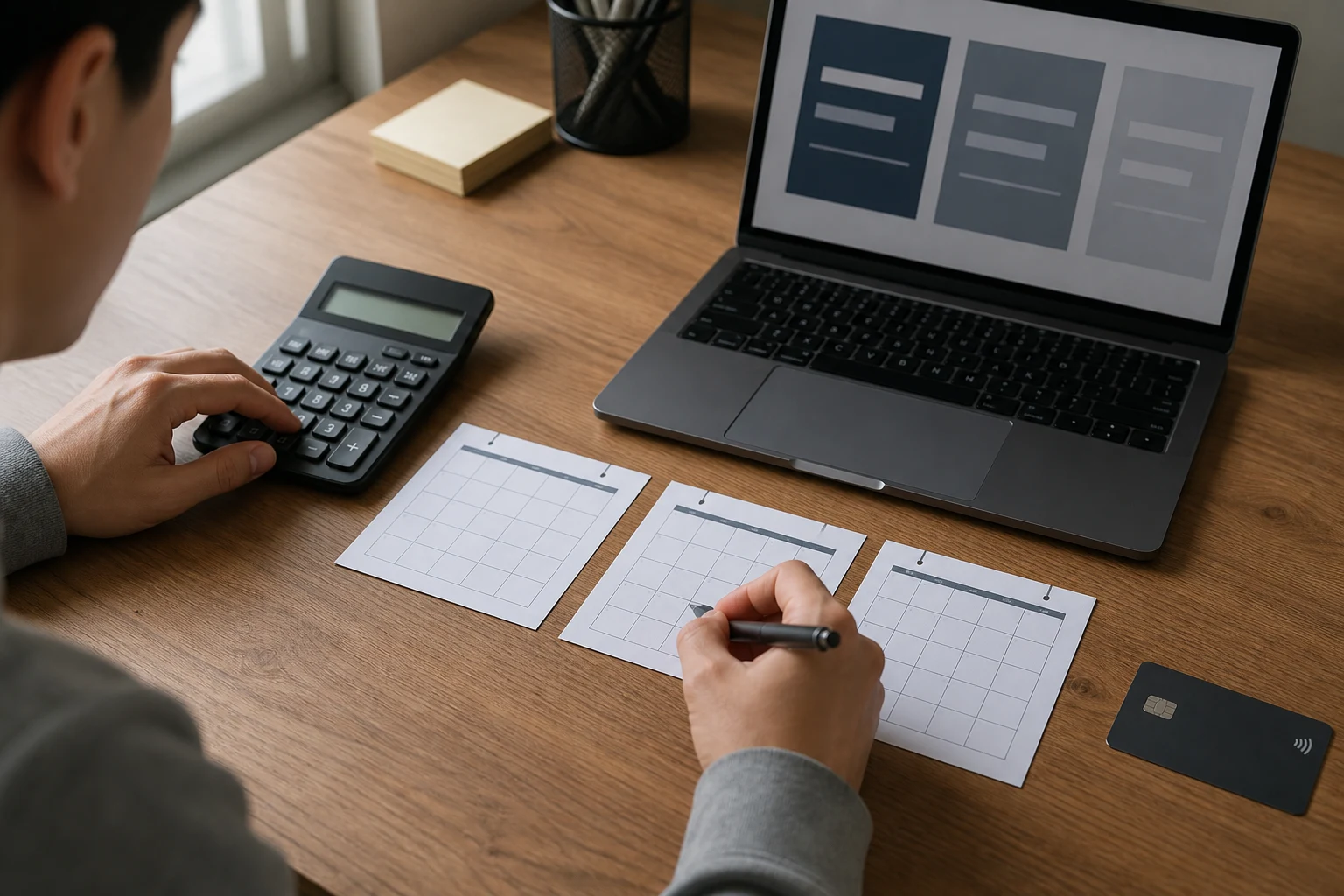 Trader calculating three prop firm evaluation cost scenarios at a desk