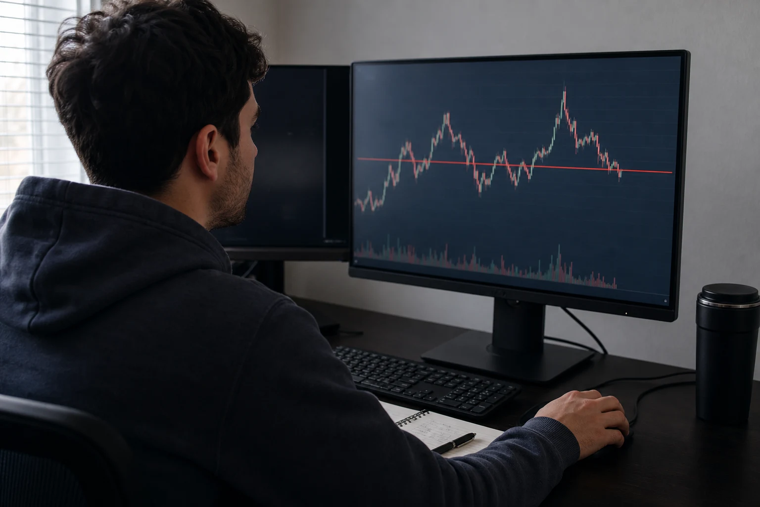 Futures trader reviewing a drawdown risk line on a chart