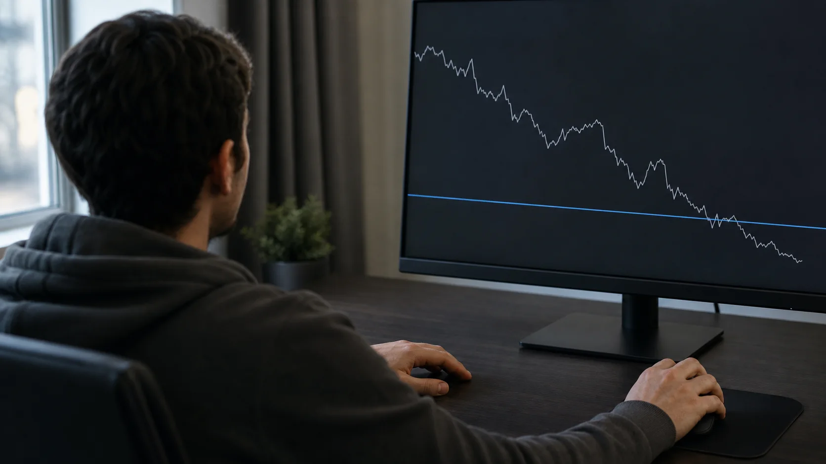 Trader monitoring a futures chart against a horizontal risk boundary