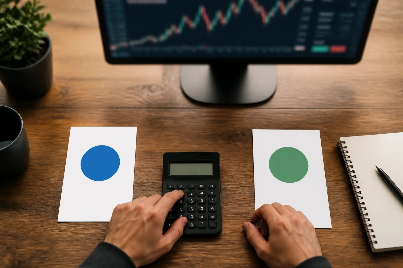 Trader comparing two evaluation cost paths with a calculator