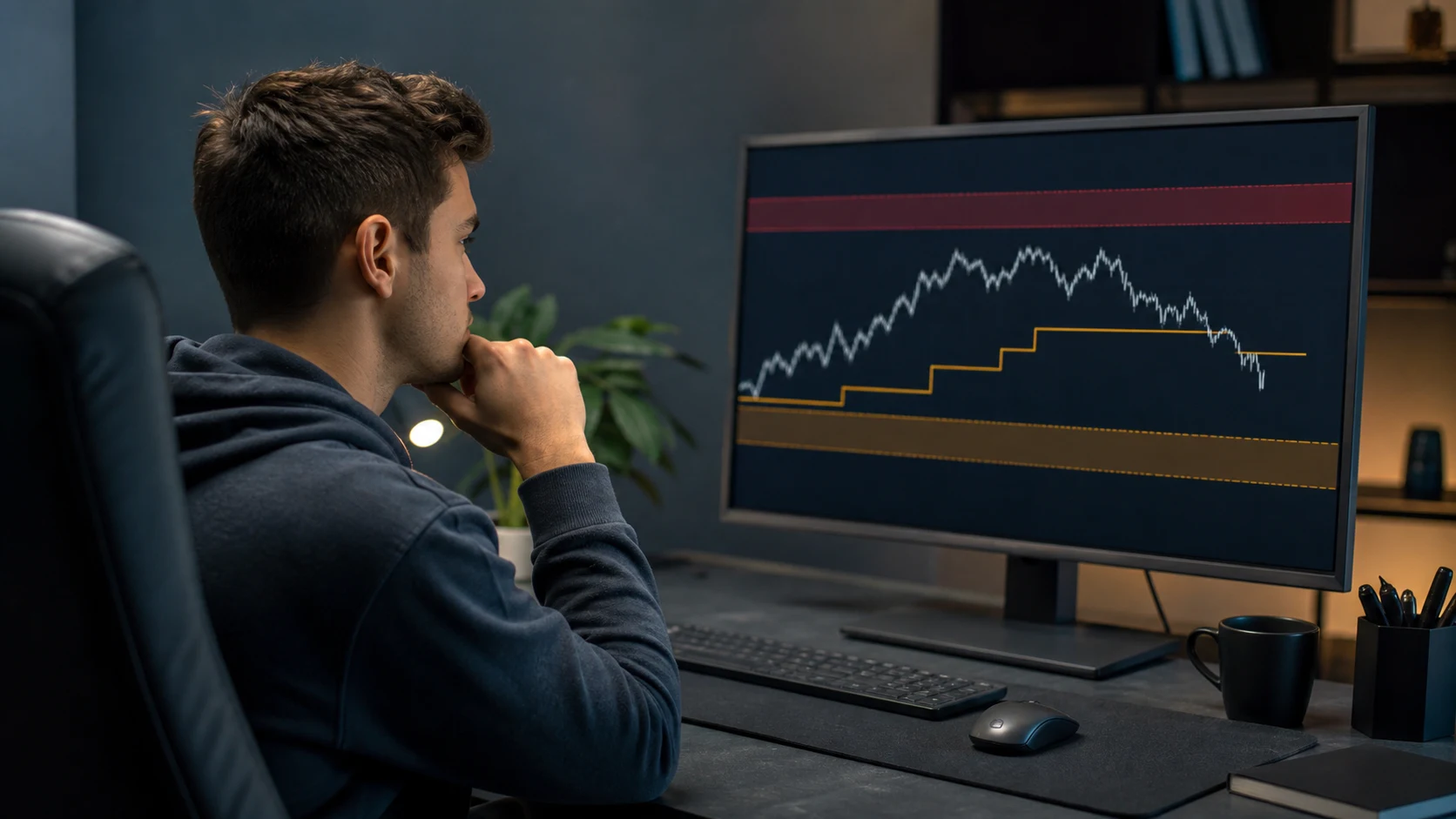 Trader reviewing static and trailing drawdown boundaries on a risk chart