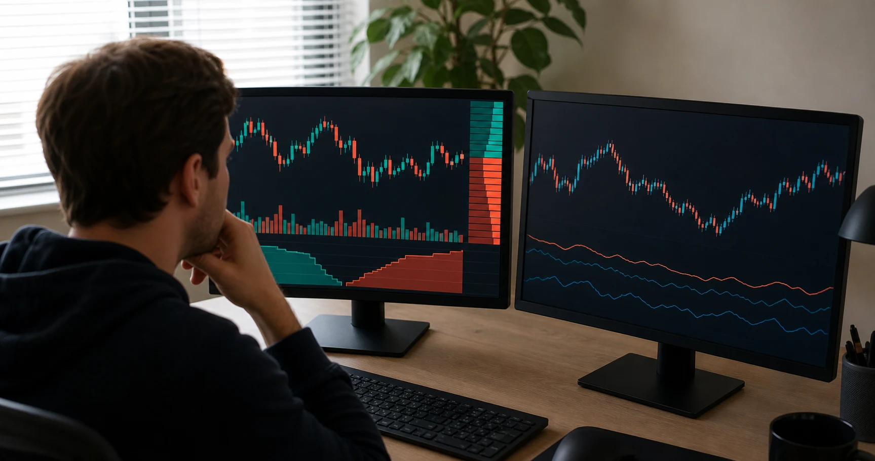 Trader comparing futures-style market data with forex and CFD charts on two monitors